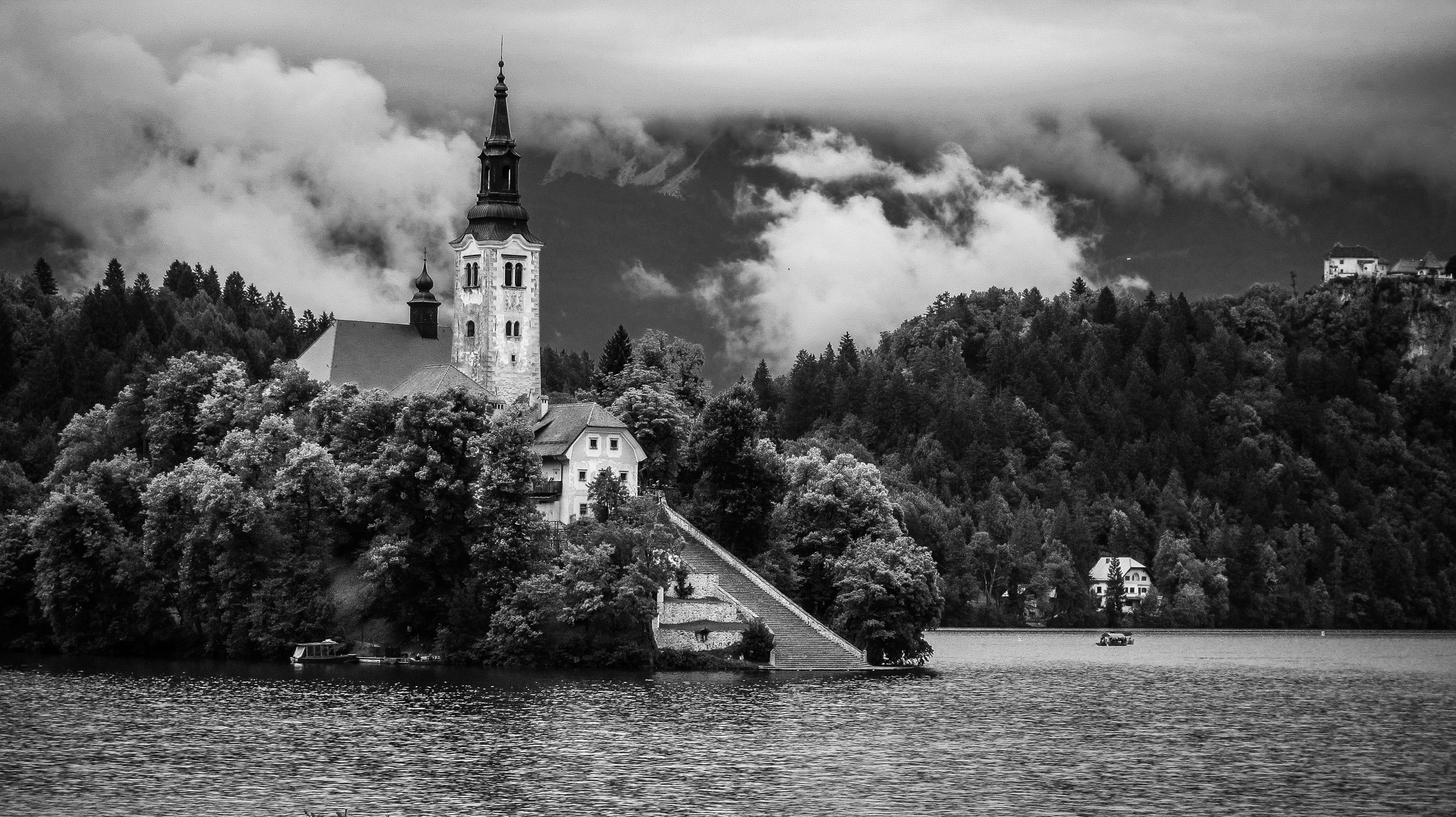 graycale photo of castle near body of water surrounded by trees